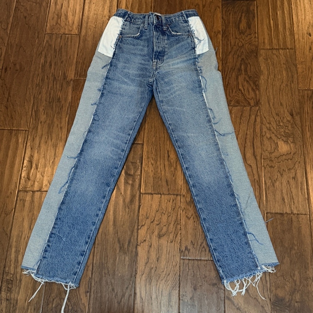 Zara Patchwork Straight Leg Jeans Womens 2 Blue Raw Hem Colorblock festival